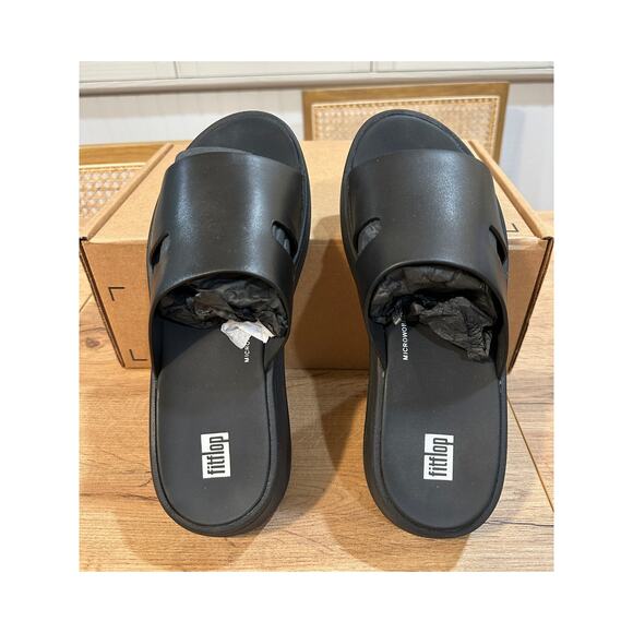 Fitflop F-Mode Raw-Edge Leather Flatform H-Bar Slide Size 7  Cushioned Comfy - Picture 2 of 9